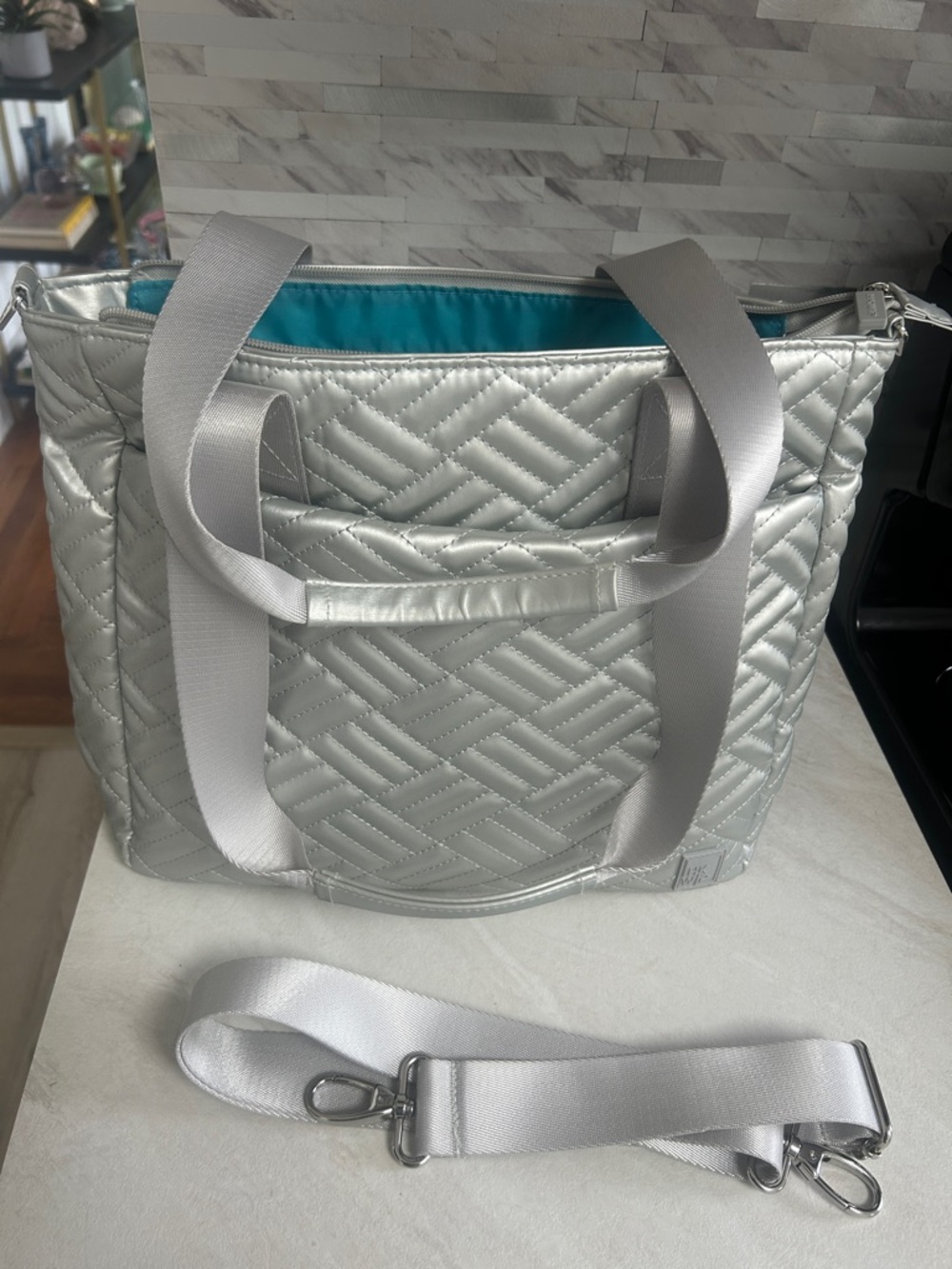 Ihkwip Quilted Metallic Tote Bag with Detachable Strap
